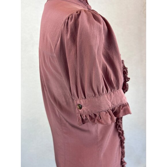 Y2K Ruffle Button Up Blouse Womens S Short Puff Sleeves Mauve Mandarin Collar - Picture 6 of 13
